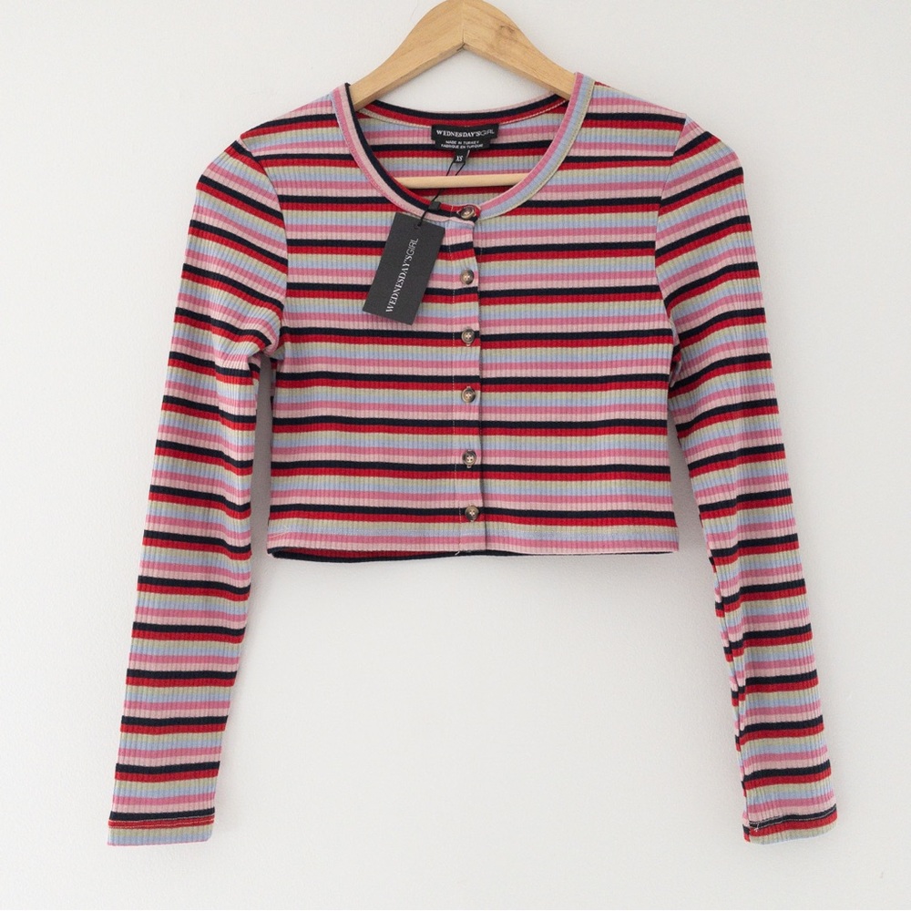 ASOS Wednesday’s Girl Striped Button Front Long Sleeve Ribbed Crop Top NWT